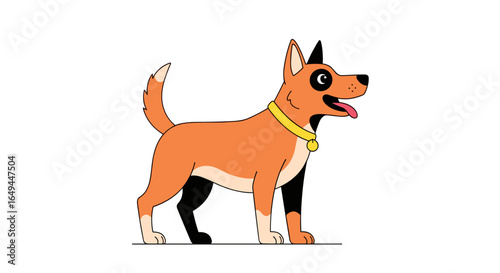 A happy cartoon dog with orange fur a yellow collar and black accents stands alert