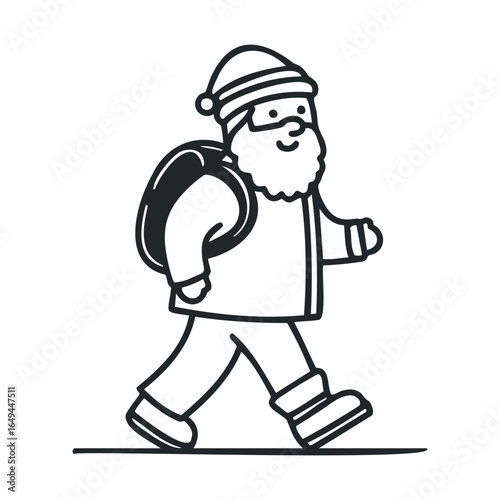Cartoon santa claus walking with sack in black and white illustration