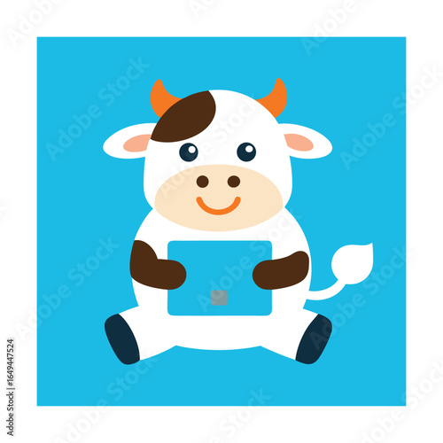 Cute Cow Playing Farm Game on Tablet Cartoon