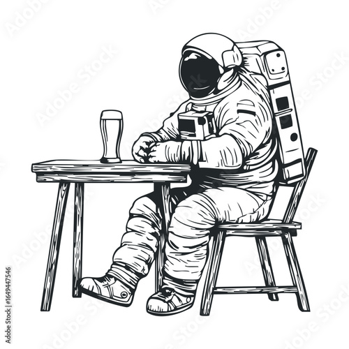 Astronaut relaxing with drink at table in space suit illustration