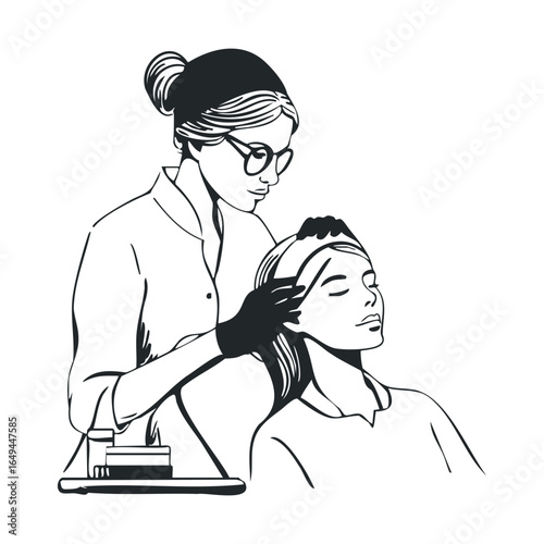 Female beautician performing skincare treatment on young caucasian woman at spa