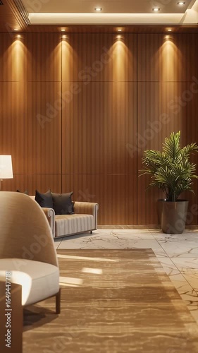 Modern Lounge Area with Elegant Lighting and Comfortable Seating Luxurious Hotel Lobby Featuring Marble Flooring and Potted Plant