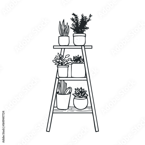 Minimalist ladder shelf with succulent plants in pots line art illustration