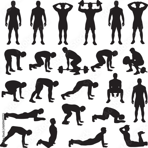 Collection of male and female fitness silhouettes performing exercises on a white background workout