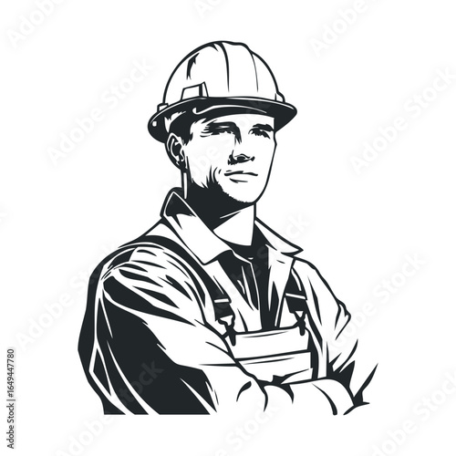 Monochrome illustration of caucasian male construction worker in helmet and overalls
