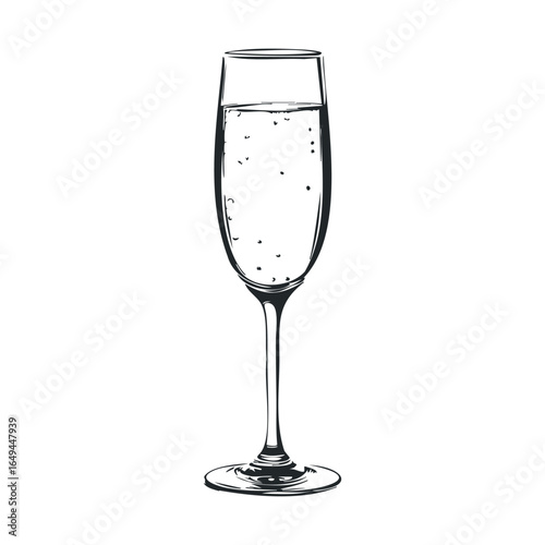 Illustrated champagne flute with effervescent bubbles on white background