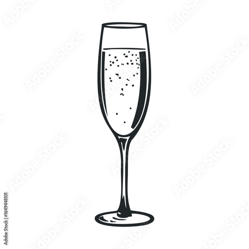 Elegant champagne flute with sparkling bubbles in black and white illustration