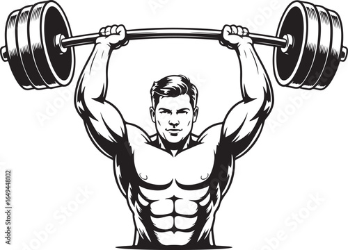 Muscular man lifting a barbell overhead in a black and white illustration bodybuilder weightlifting