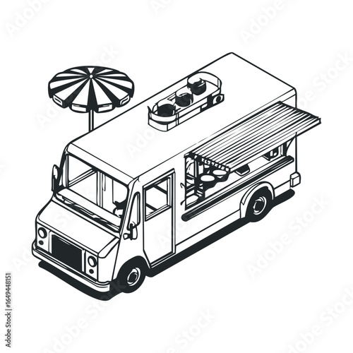 Isometric black and white food truck illustration with awning and umbrella