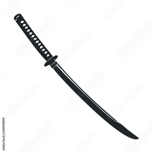 Traditional japanese katana sword with black handle and curved blade illustration