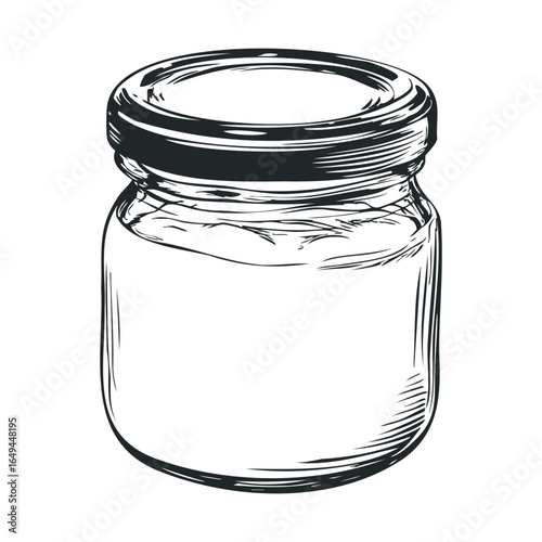 Black and white illustration of empty glass jar with lid