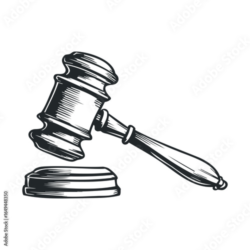 Vintage wood gavel illustration in black and white for legal and auction themes
