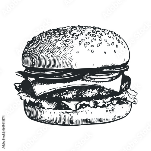 Hand-drawn cheeseburger with lettuce, tomato, and cheese