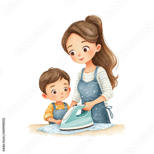 Watercolor Illustration of a Mother and Son Ironing Together with Affection