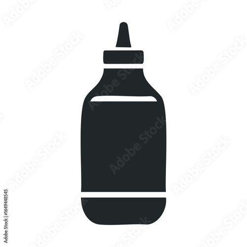 Monochrome illustration of a ketchup bottle with lid and label design