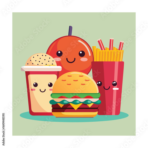 Fast Food Combo Burger Fries And Drink Smiling Together