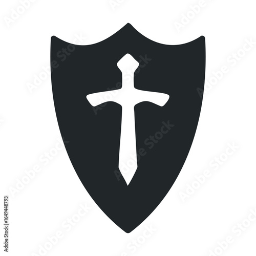 Black shield emblem with white sword design