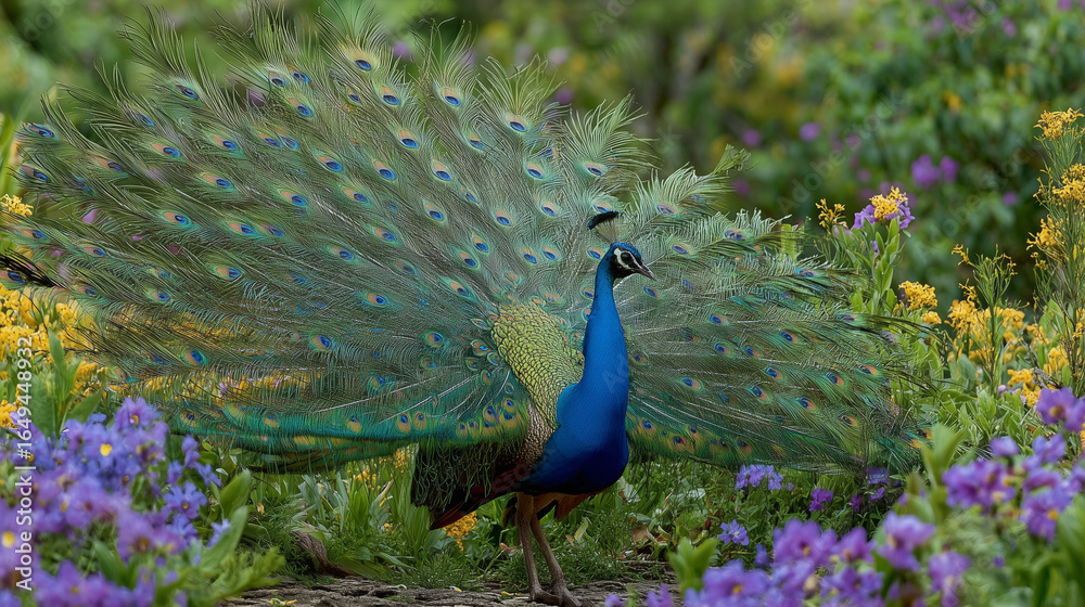A peacock displaying its vibrant, iridescent feathers in full fan amid a lush garden filled with colorful purple and yellow flowers. A peacock displaying its vibrant, iridescent feathers in full fan amid a lush garden filled with colorful purple and yellow flowers.