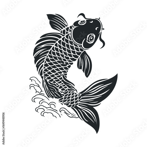 Intricate black koi fish illustration with ornate scales and flowing fins
