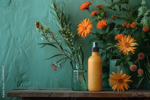 Vibrant Flowers and Yellow Bottle on Shelf