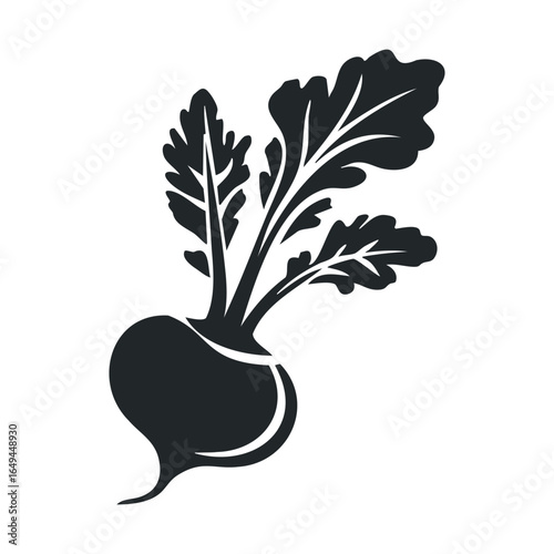 Black and white radish silhouette with leafy greens on white background