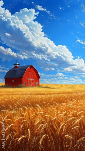Vibrant Red Barn Amidst Golden Wheat Field Under Bright Blue Sky with Fluffy Clouds