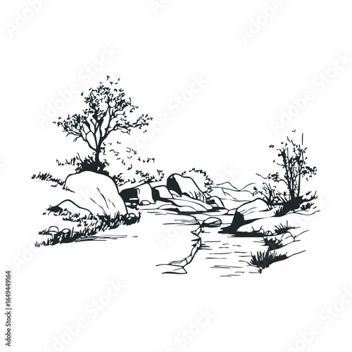 Ink drawing of a serene river landscape with rocks and trees