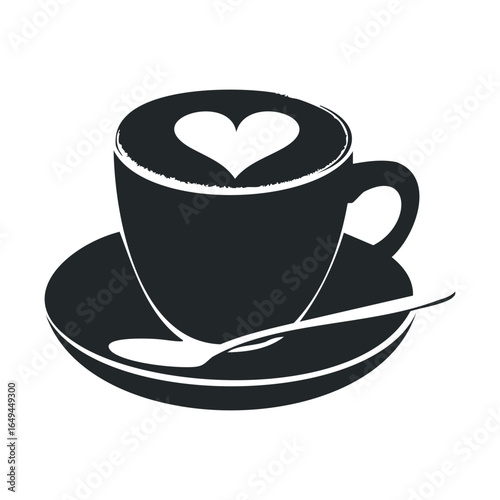Black coffee cup with heart-shaped latte art on a saucer with spoon