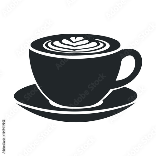 Monochrome cup of coffee with heart latte art on saucer