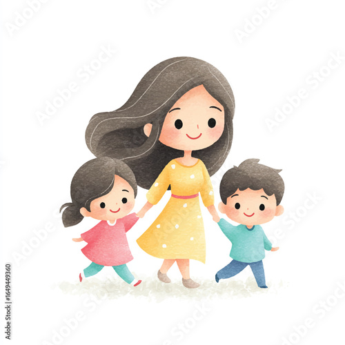 Watercolor Illustration of a Mother and Two Children Walking Happily Together