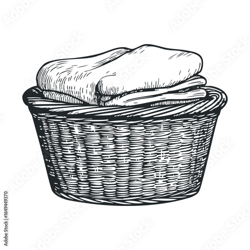 Hand-drawn basket with bread rolls - vintage black and white sketch