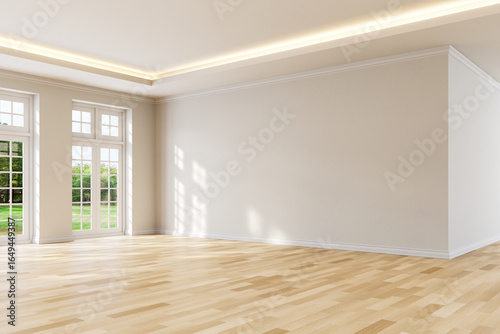 Modern luxury empty room interior with nature view background 3d render, The rooms have wooden floors white walls there are white window looking out to the nature view.