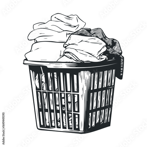 Overflowing laundry basket with clothes in black and white illustration