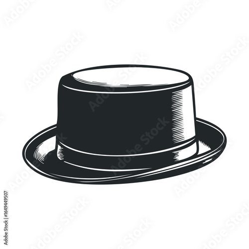 Vintage black bowler hat illustration with classic style and shading