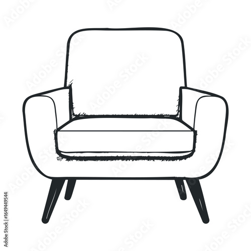 Black and white illustration of modern armchair with tapered legs