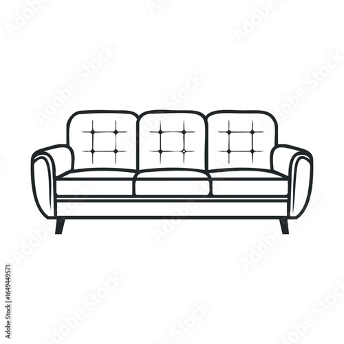 Minimalist black outline of a modern sofa design on white background