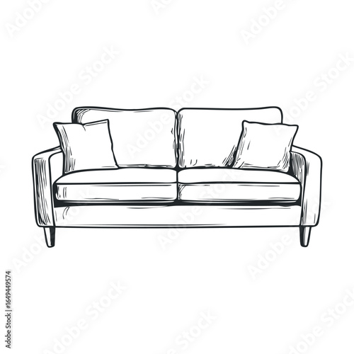 Minimalist hand-drawn sofa illustration with pillows in black and white