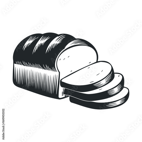 Monochrome illustration of sliced loaf of bread with detailed texture