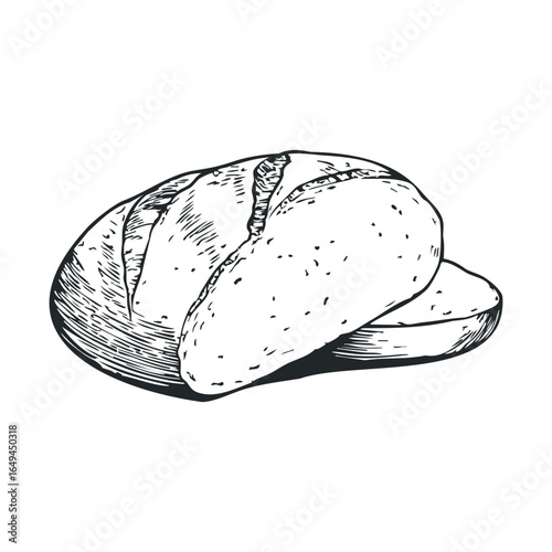 Hand-drawn rustic bread loaf with slices - artisan bakery illustration