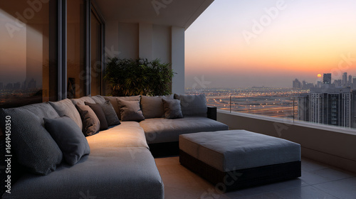 Luxury apartment balcony with cozy sofa.
