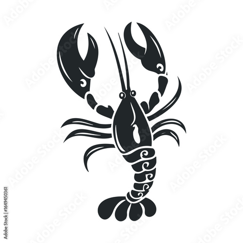 Stylized black lobster silhouette with detailed claws and tail