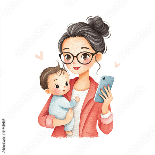 Watercolor Illustration of a Mother Holding Baby and Smartphone Smiling
