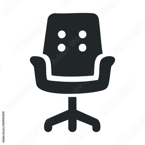 Black office chair icon with armrests and swivel base on white background