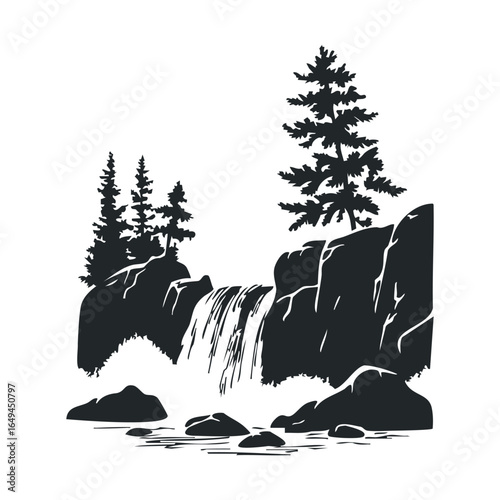 Silhouette of waterfall cascading over rocks with evergreen trees