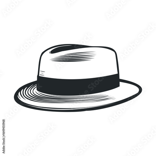 Classic black and white fedora with wide brim and black band