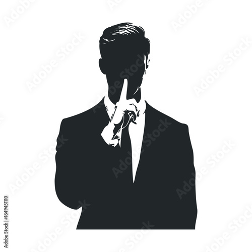 Silhouette of young caucasian male in suit gesturing silence with composed expression
