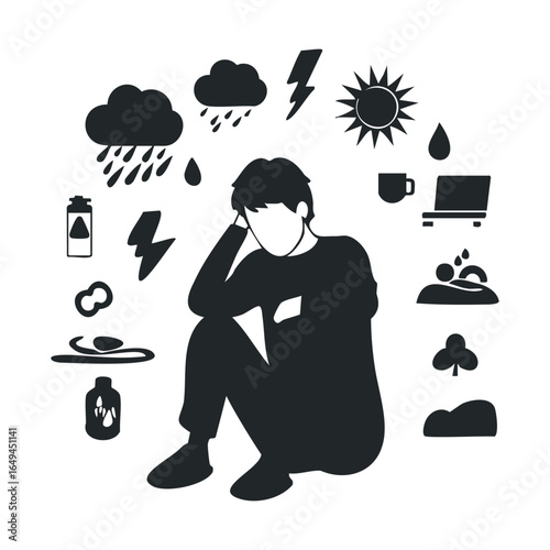 Silhouette of person experiencing stress with weather and health icons indicating mental state