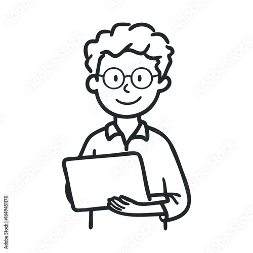Cartoon illustration of young caucasian male holding laptop with glasses