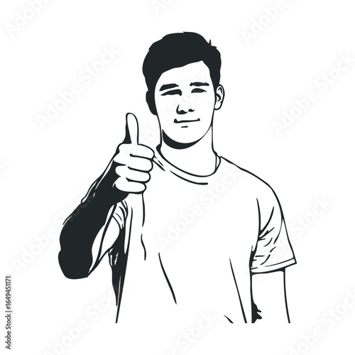 Young caucasian male giving thumbs up in black and white illustration