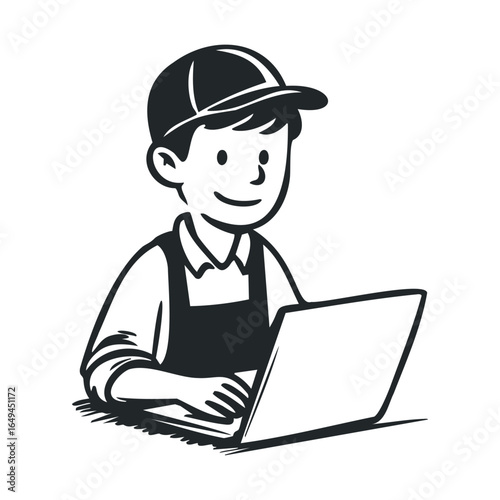 Cartoon male wearing hat and apron using laptop
